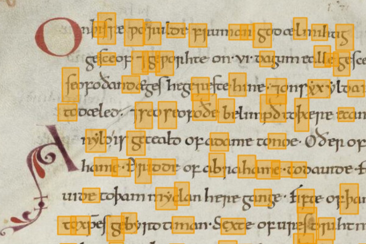 Medieval manuscript page with black ink script, red decorative initials, and highlighted characters outlined in orange boxes.